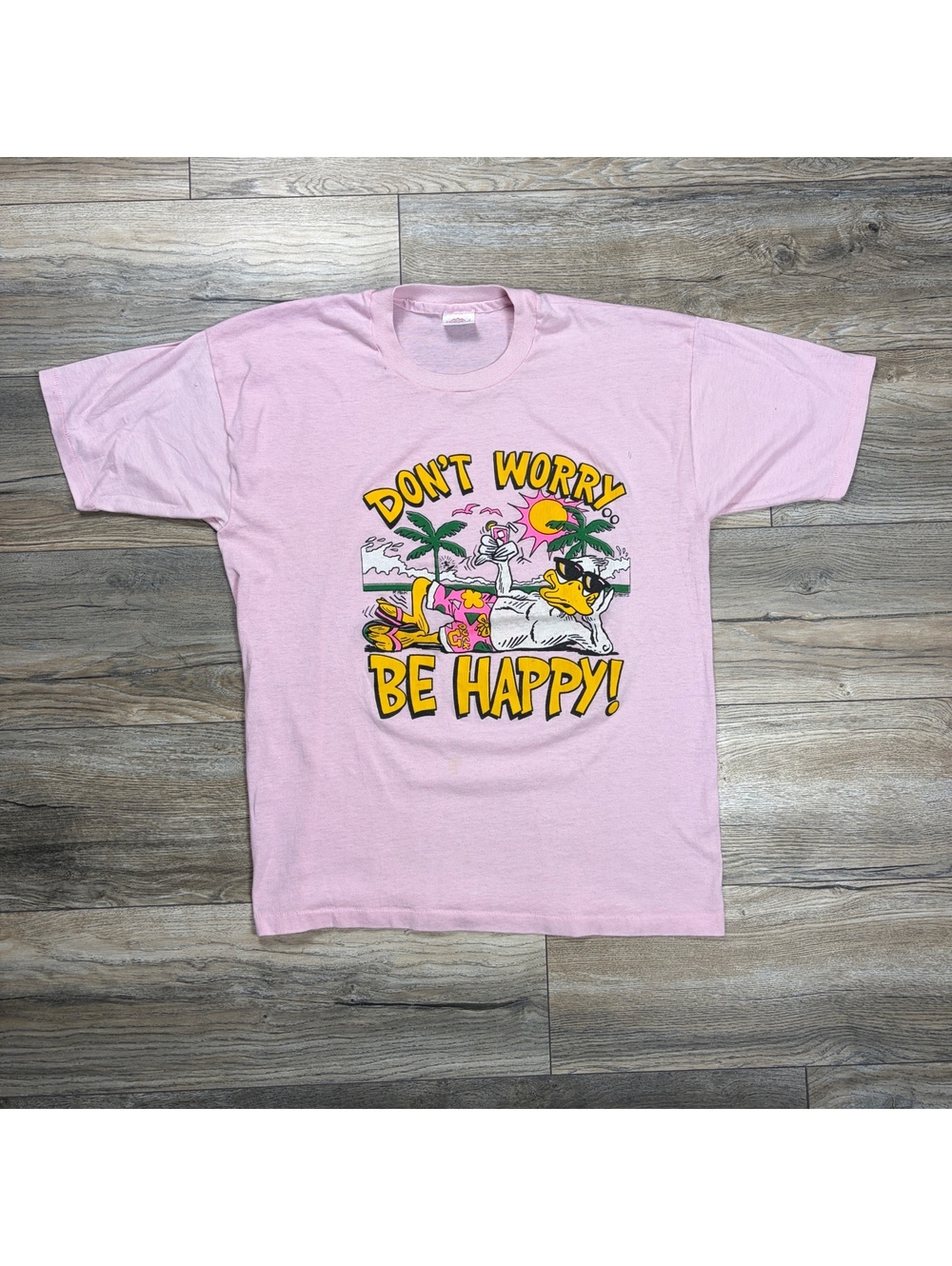 80’s Healthknit XL Pink Graphic T-Shirt "Don't Worry Be Happy"